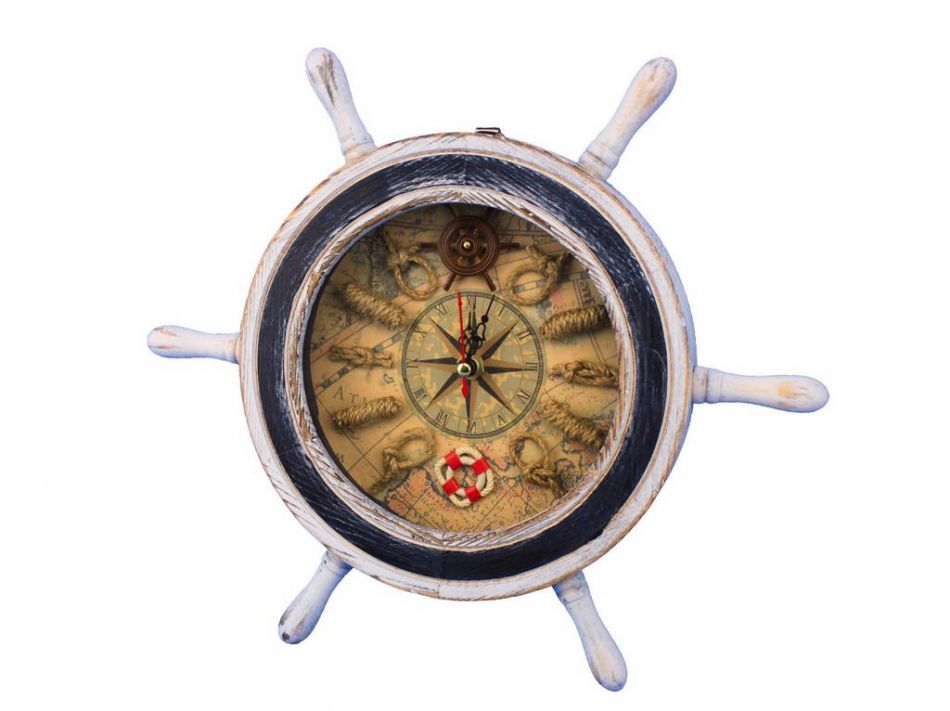 Wooden Rustic White Ship Wheel with Dark Blue Knot Faced Clock 12""