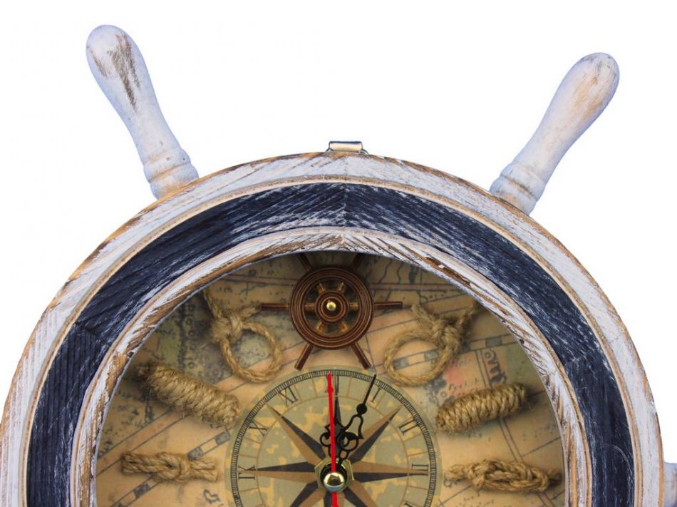 Wooden Rustic White Ship Wheel with Dark Blue Knot Faced Clock 12""