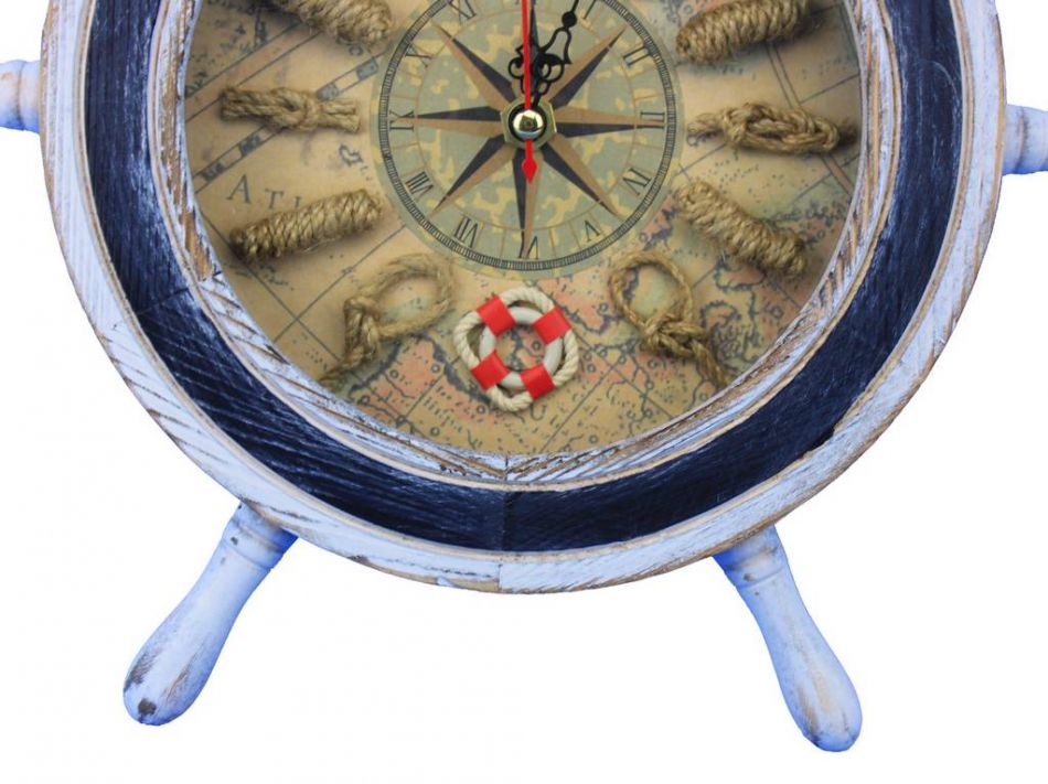 Wooden Rustic White Ship Wheel with Dark Blue Knot Faced Clock 12""