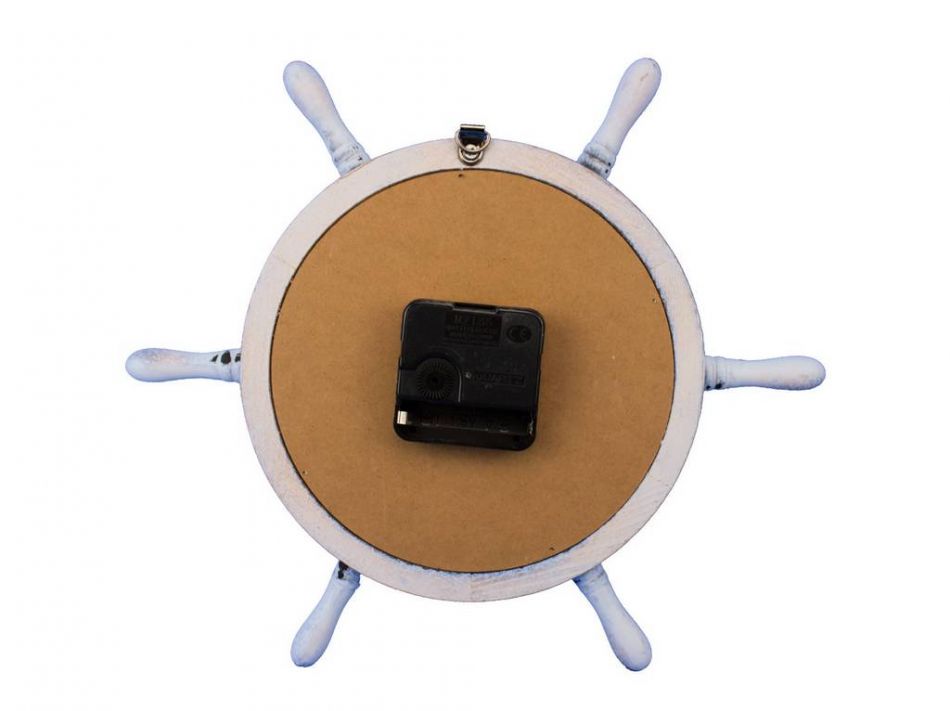 Wooden Rustic White Ship Wheel with Dark Blue Knot Faced Clock 12""