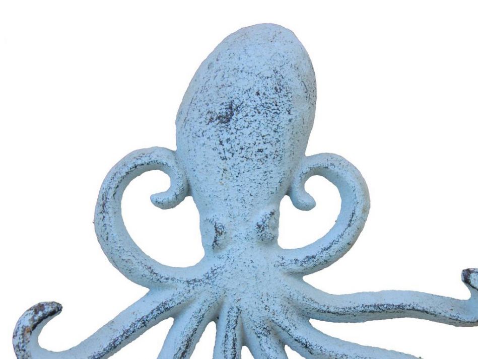 Rustic Dark Blue Whitewashed Cast Iron Wall Mounted Decorative Octopus Hooks 7"