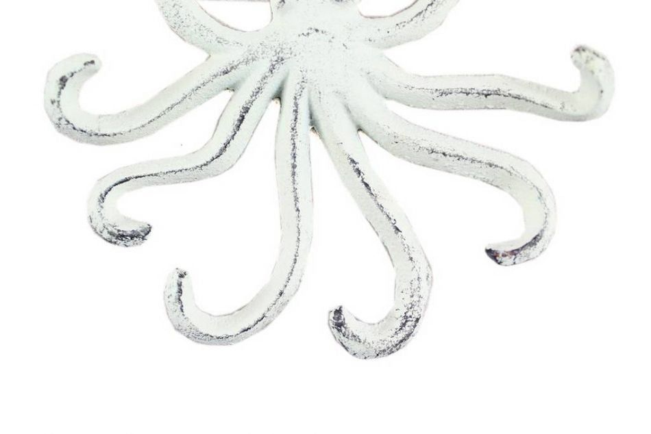 Rustic Whitewashed Cast Iron Wall Mounted Decorative Octopus Hooks 7""