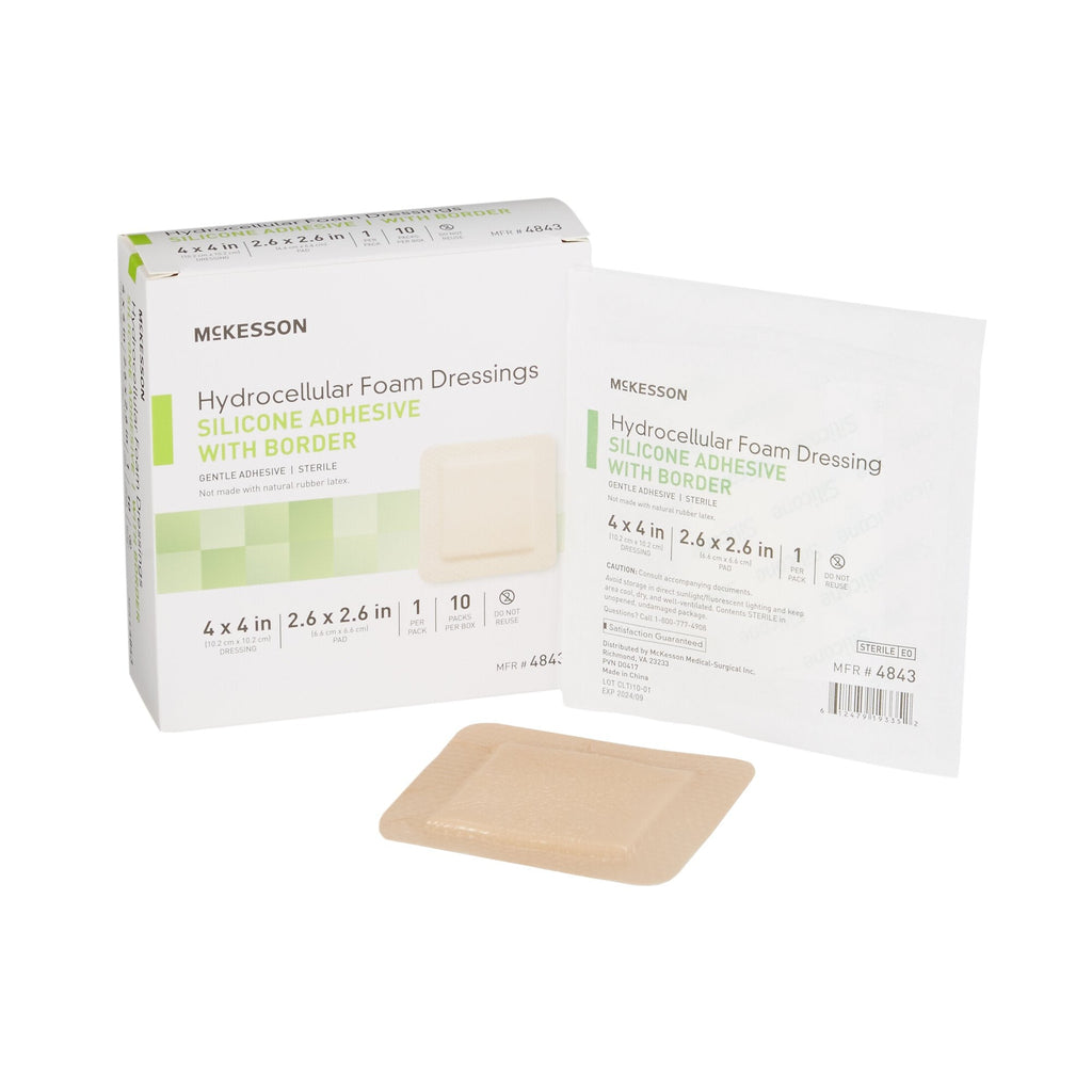 McKesson Silicone Adhesive with Border Silicone Foam Dressing, 4 x 4 Inch 4843