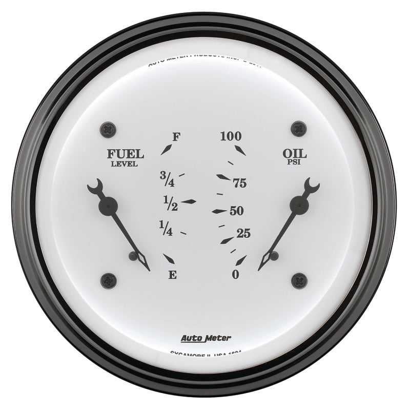 AutoMeter Gauge Dual Fuel & Oilp 3-3/8in. 0 Ohm(e) to 90 Ohm(f)& 100PSI Elec Old Tyme White 1624