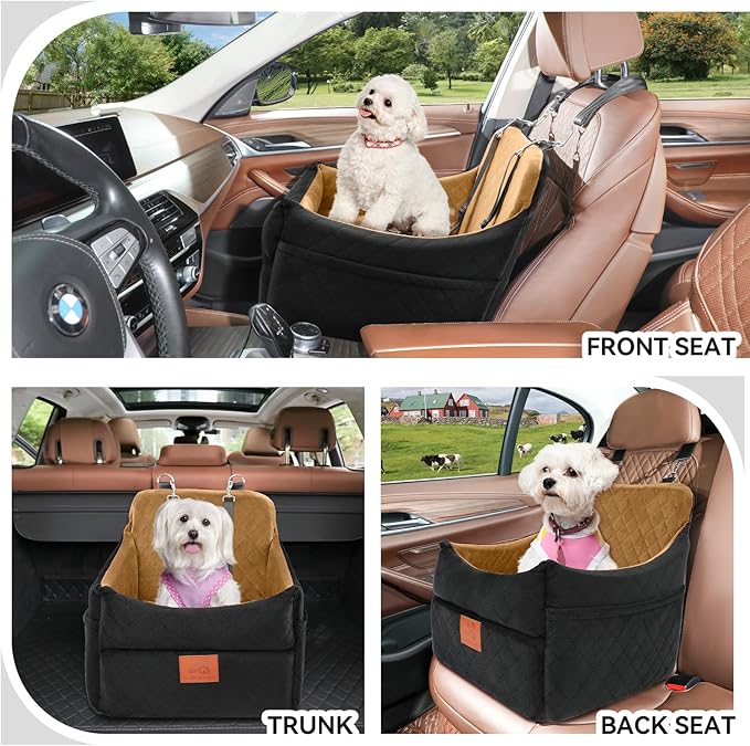 Dog Car Seat for Small/Medium Dogs, Dog Booster Car Seats with Thick Cushion for Dogs Under 35lbs, Detachable Washable Pet Car Seat with Storage Pockets, 2 Safety Belts(Black/Coffee) - PhishStones Products