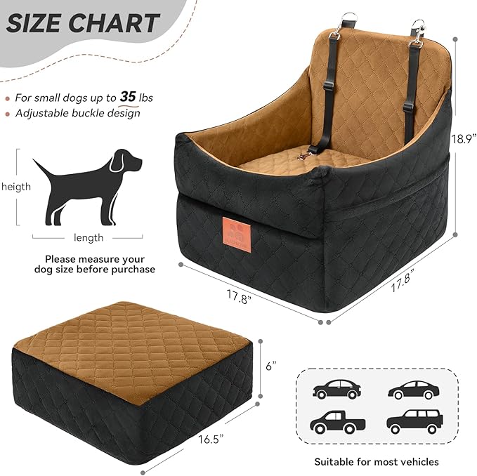 Dog Car Seat for Small/Medium Dogs, Dog Booster Car Seats with Thick Cushion for Dogs Under 35lbs, Detachable Washable Pet Car Seat with Storage Pockets, 2 Safety Belts(Black/Coffee) - PhishStones Products