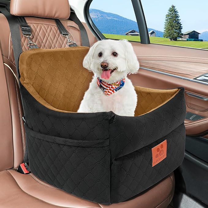 Dog Car Seat for Small/Medium Dogs, Dog Booster Car Seats with Thick Cushion for Dogs Under 35lbs, Detachable Washable Pet Car Seat with Storage Pockets, 2 Safety Belts(Black/Coffee) - PhishStones Products