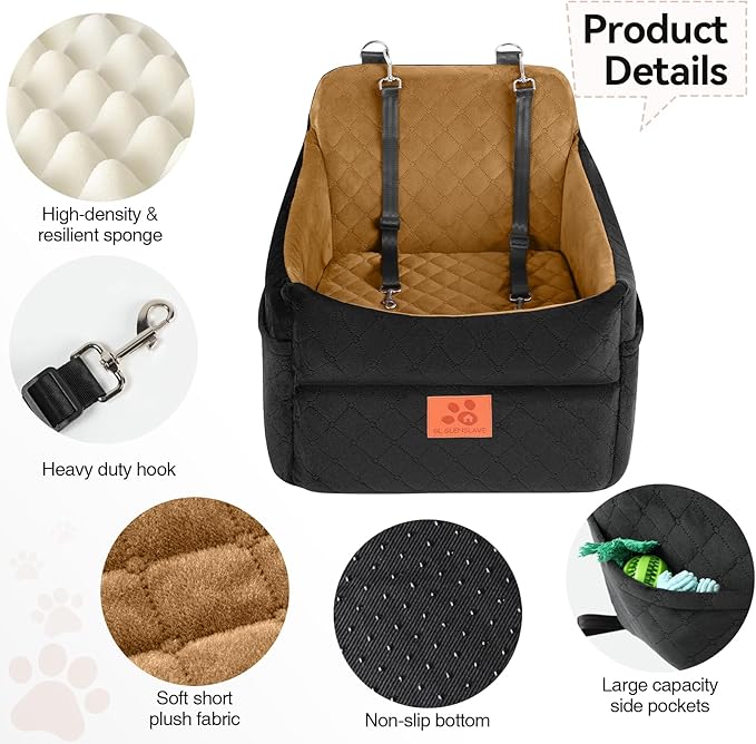Dog Car Seat for Small/Medium Dogs, Dog Booster Car Seats with Thick Cushion for Dogs Under 35lbs, Detachable Washable Pet Car Seat with Storage Pockets, 2 Safety Belts(Black/Coffee) - PhishStones Products