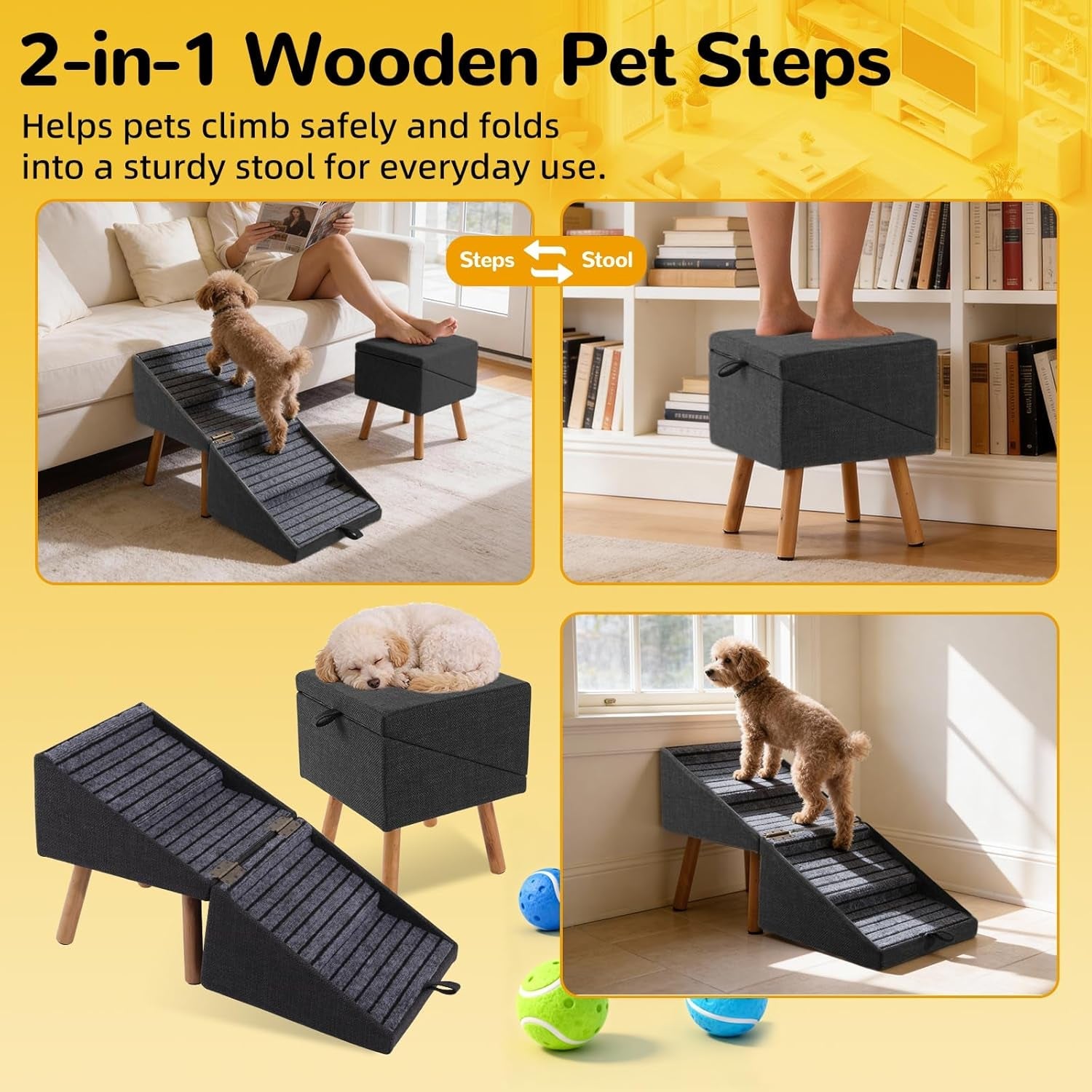 Dog Stairs for Couch 2 in 1 Foldable Pet Steps Ottoman Non Slip - PhishStones Products