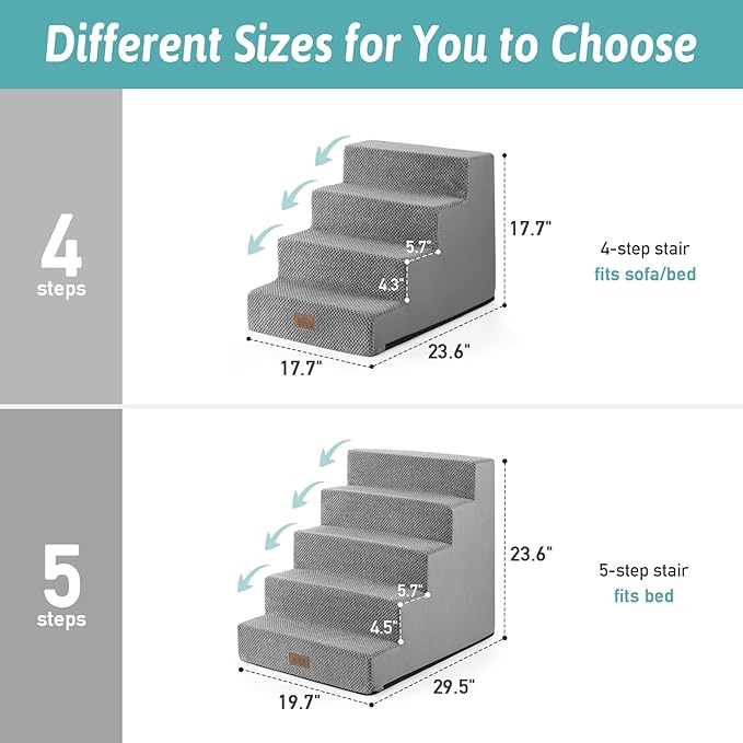 Dog Stairs for Small Dogs, 5 Tier Wider Pet Stairs for High Beds, 23.6" H Non - Slip Dog Steps for Old Cats, Puppies, Small Medium Dogs, 29.5x19.7x23.6 inch, Grey - PhishStones Products