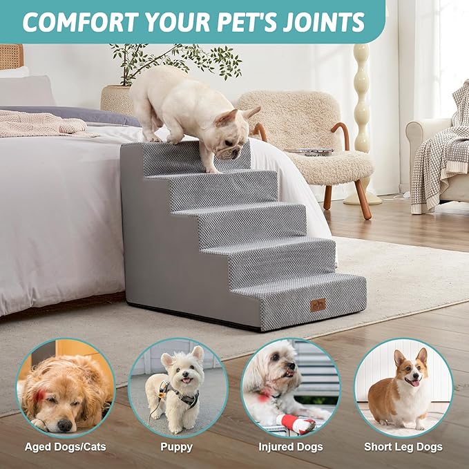 Dog Stairs for Small Dogs, 5 Tier Wider Pet Stairs for High Beds, 23.6" H Non - Slip Dog Steps for Old Cats, Puppies, Small Medium Dogs, 29.5x19.7x23.6 inch, Grey - PhishStones Products