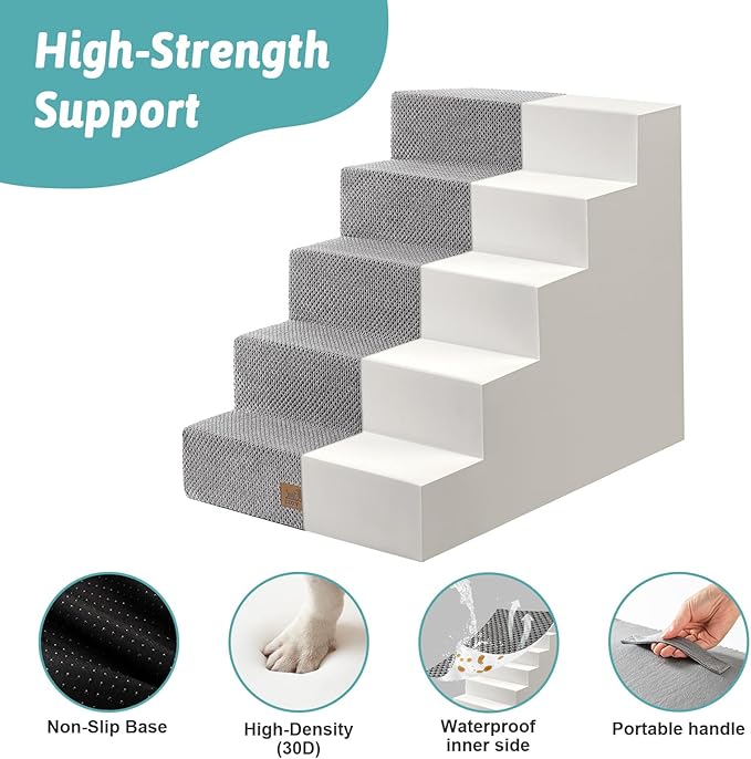 Dog Stairs for Small Dogs, 5 Tier Wider Pet Stairs for High Beds, 23.6" H Non - Slip Dog Steps for Old Cats, Puppies, Small Medium Dogs, 29.5x19.7x23.6 inch, Grey - PhishStones Products