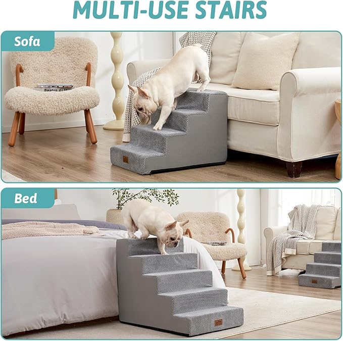 Dog Stairs for Small Dogs, 5 Tier Wider Pet Stairs for High Beds, 23.6" H Non - Slip Dog Steps for Old Cats, Puppies, Small Medium Dogs, 29.5x19.7x23.6 inch, Grey - PhishStones Products