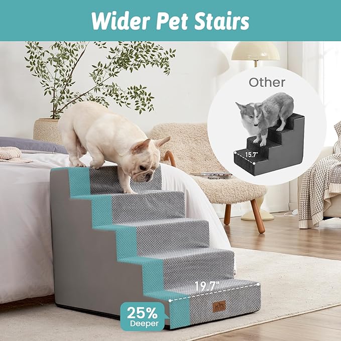 Dog Stairs for Small Dogs, 5 Tier Wider Pet Stairs for High Beds, 23.6" H Non - Slip Dog Steps for Old Cats, Puppies, Small Medium Dogs, 29.5x19.7x23.6 inch, Grey - PhishStones Products