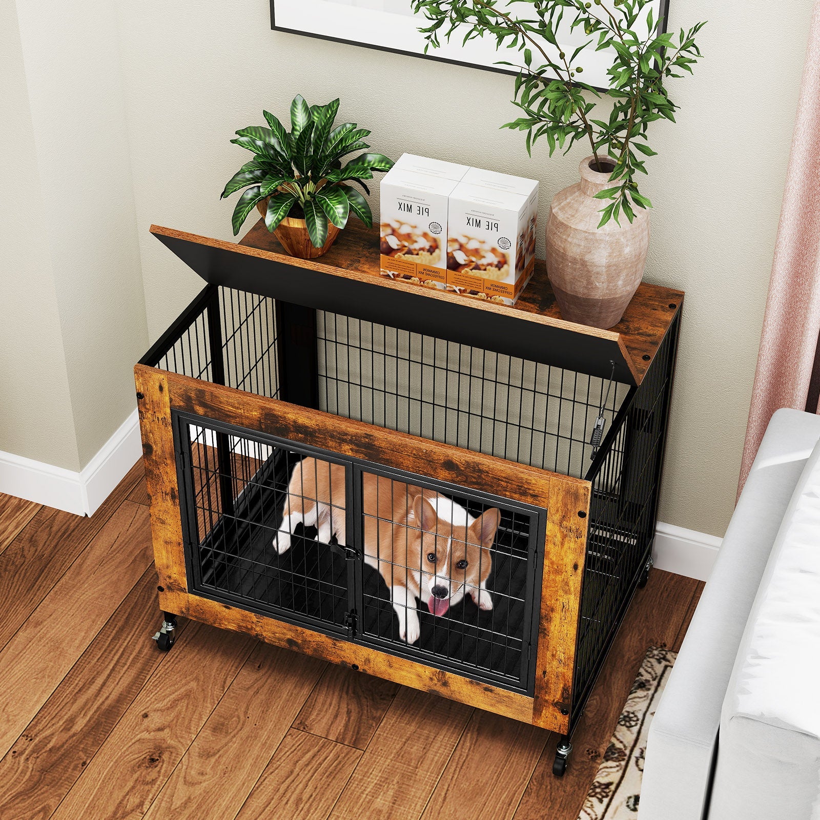 Industrial Dog Kennel with Flip-up Top 3 Lockable Doors and Removable Tray-Rustic Brown