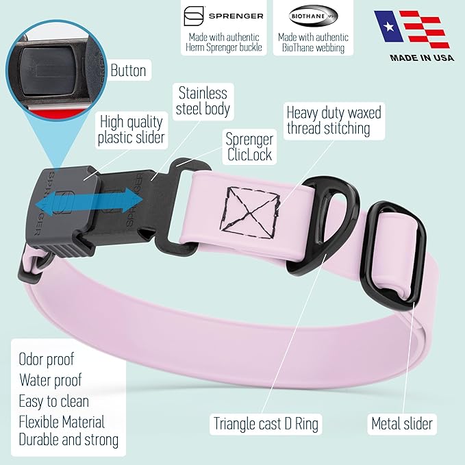 Dogline Biothane Waterproof Dog Collar with Herm Sprenger Stainless Steel Quick Release Buckle – Heavy Duty Tactical Durable Collar for Dogs – Comfortable and Safe Pet Collar, W 3/4" L 12 - 19", Pastel - PhishStones Products