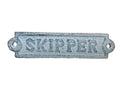 Rustic Dark Blue Whitewashed Cast Iron Skipper Sign 6""