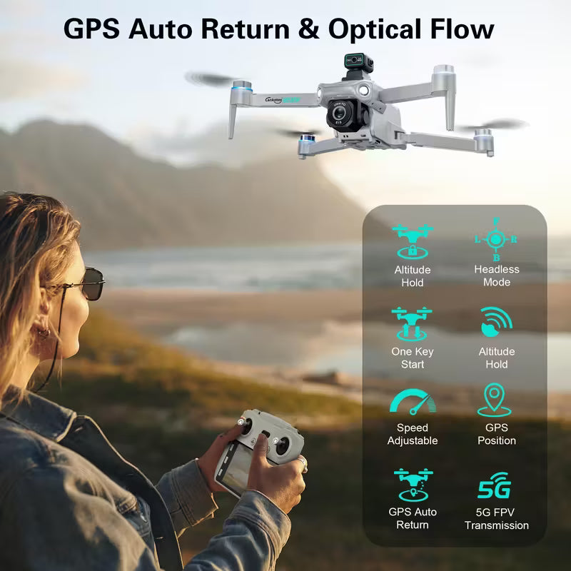 drone is equipped with a UHD camera, 2 large batteries, brushless motor, intelligent obstacle avoidance, and ultra-long endurance GPS drone.