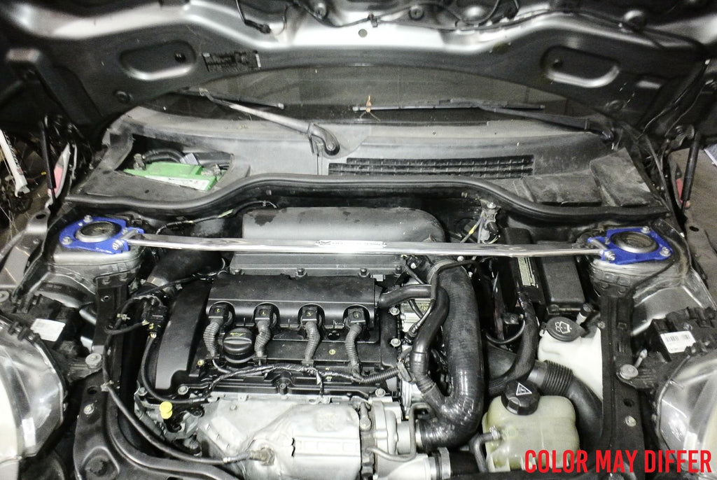 Megan Racing Strut Bar Front Upper for Mini Cooper 2008-2014 Race Spec Powdercoated Steel Base Polished Aluminum - MR-SB-MC08FU-1P