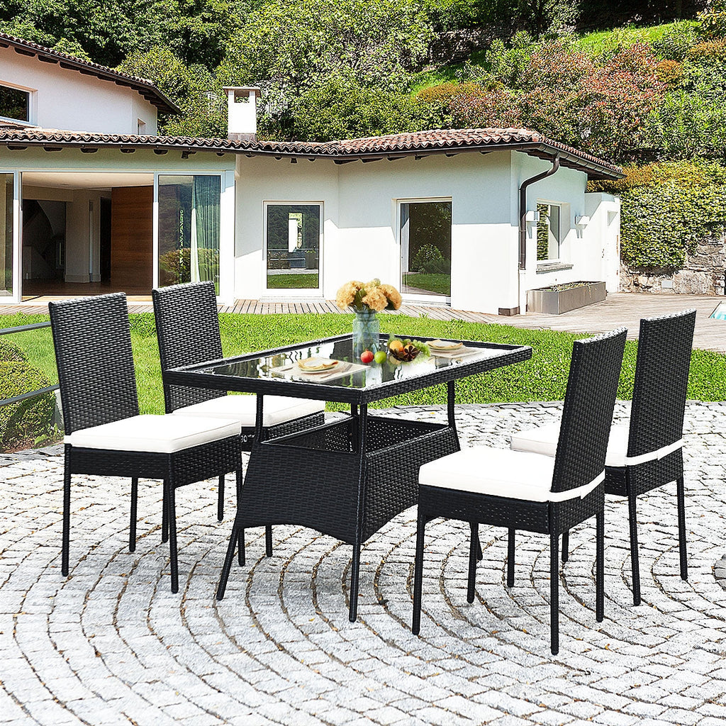 5-Piece Rattan Patio Dining Set with Glass Top & Cushions