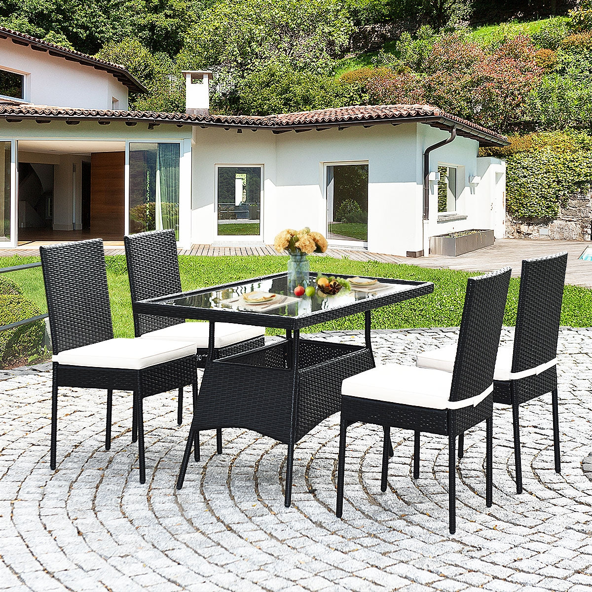 5-Piece Rattan Patio Dining Set with Glass Top & Cushions