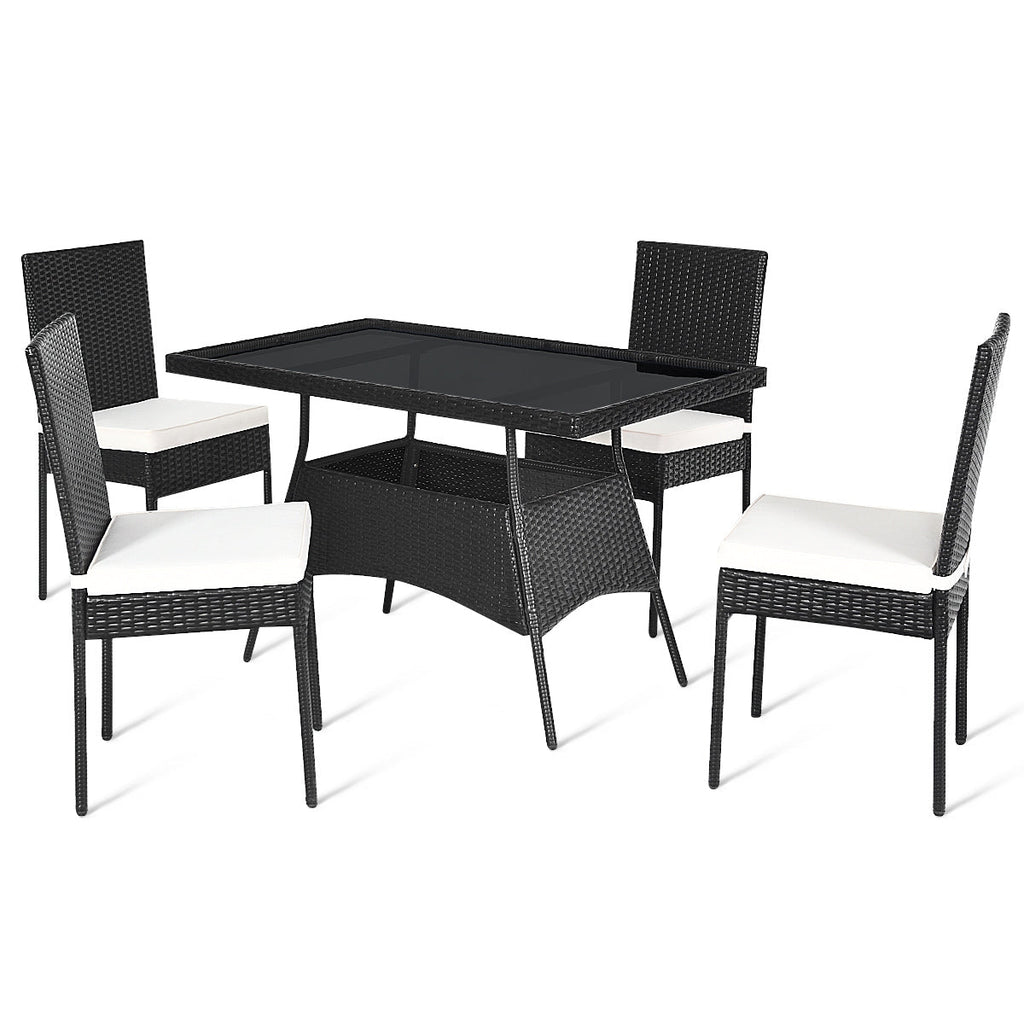 5-Piece Rattan Patio Dining Set with Glass Top & Cushions
