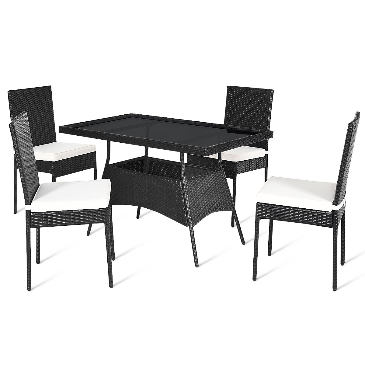 5-Piece Rattan Patio Dining Set with Glass Top & Cushions