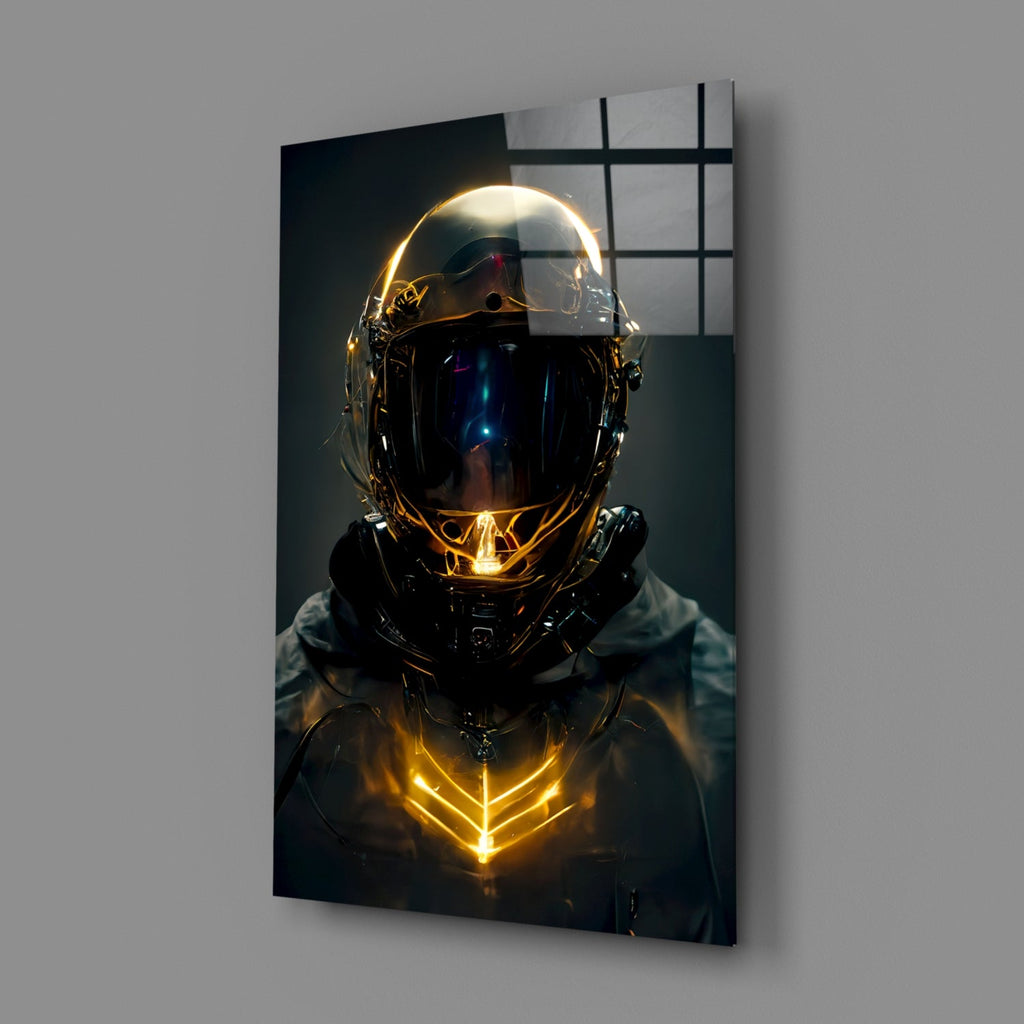 Golden Neon Astronaut Helmet Glass Wall Art