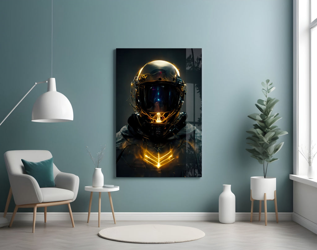 Golden Neon Astronaut Helmet Glass Wall Art