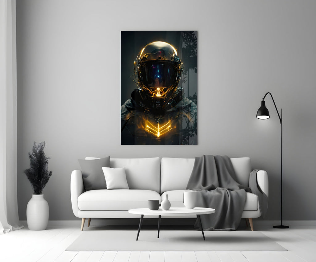 Golden Neon Astronaut Helmet Glass Wall Art