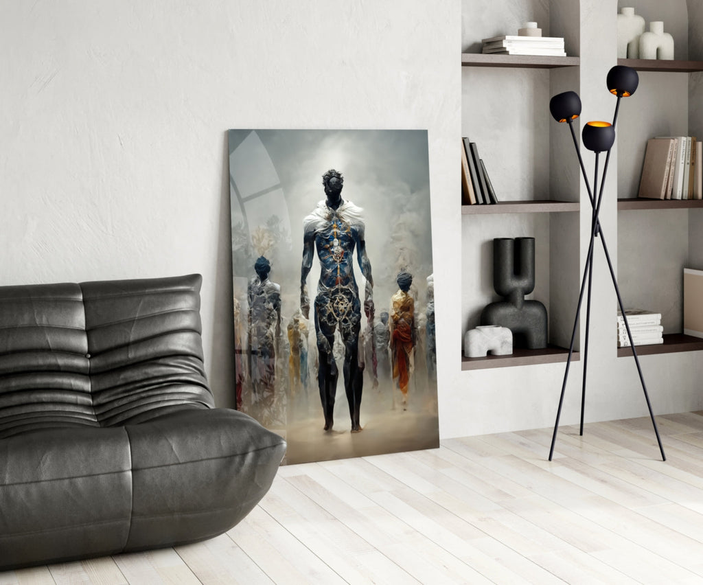 Misty Blue Ethereal Walking Figures Glass Wall Art