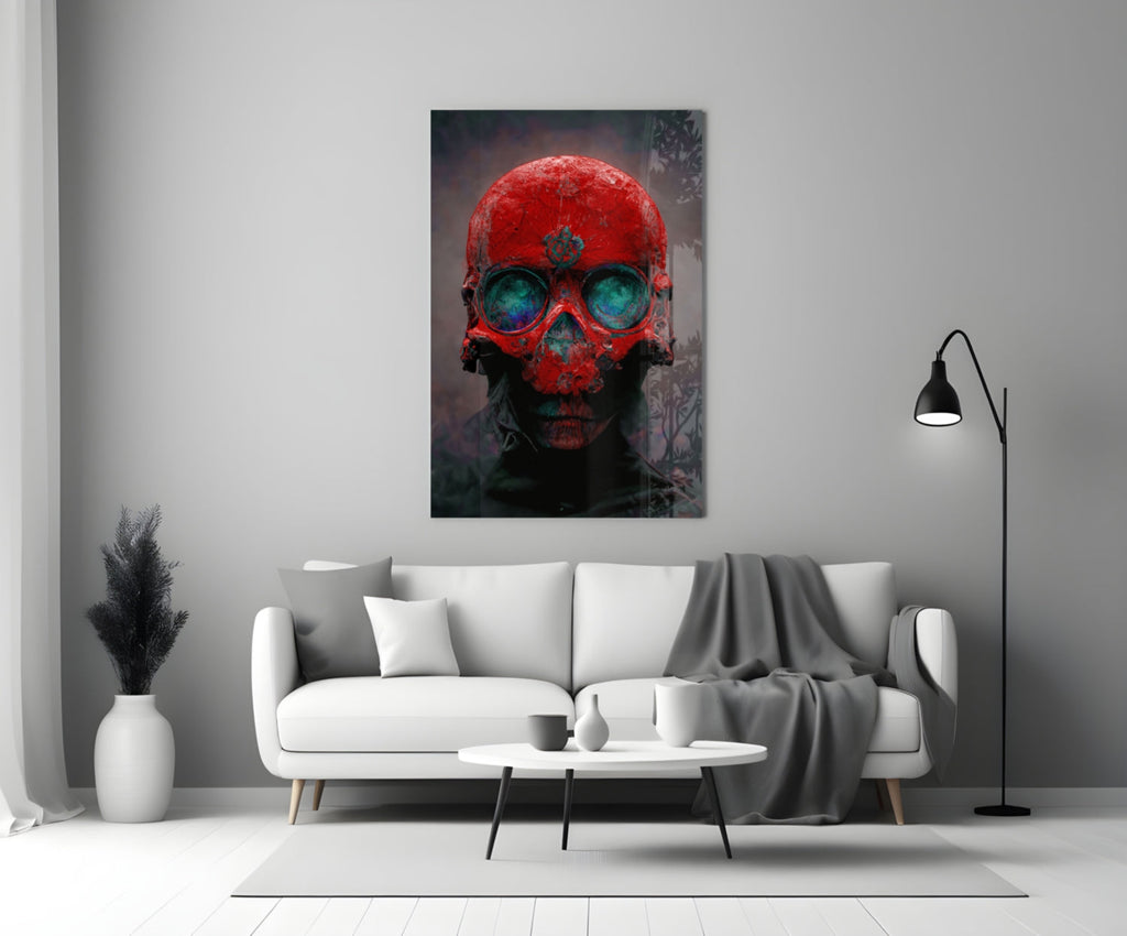 Red Skull With Teal Eye Sockets Glass Wall Art