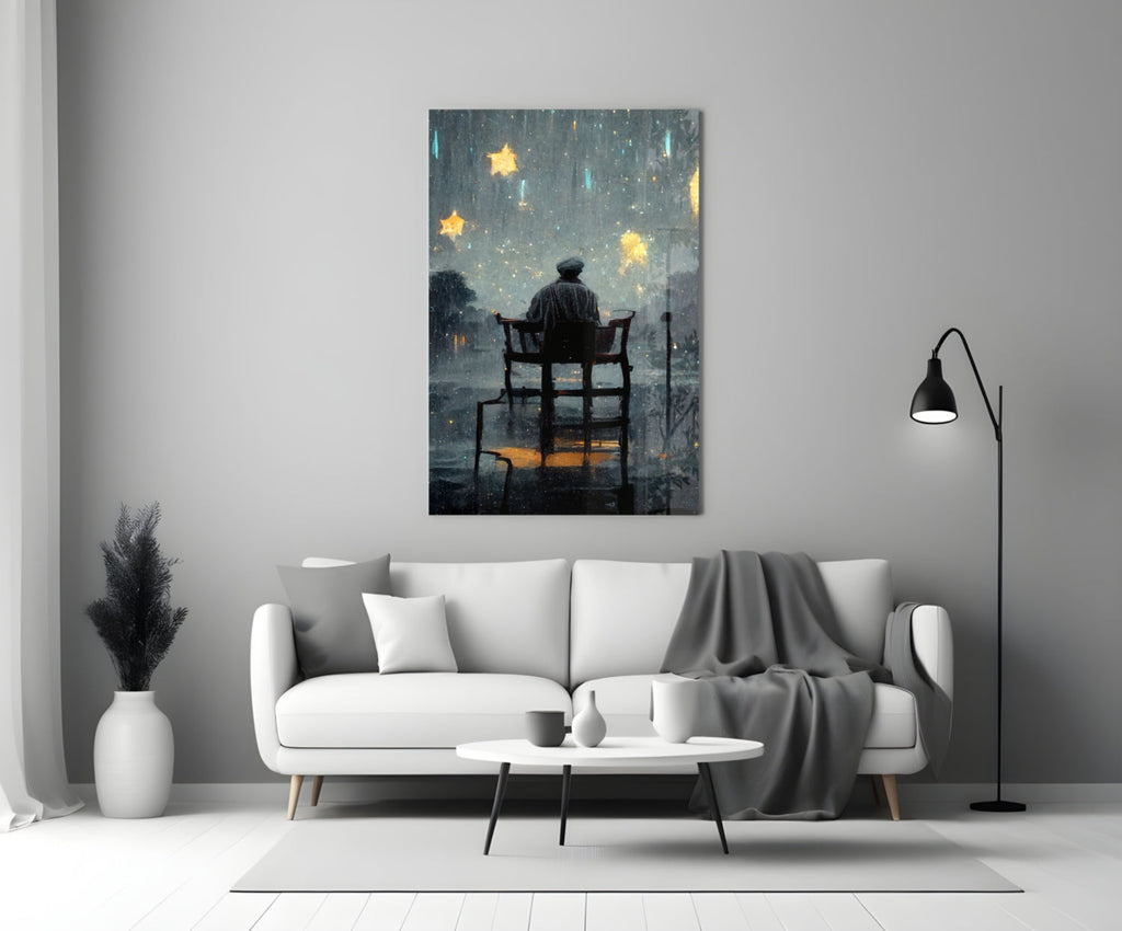 Stormy Sky Golden Stars Lone Chair Glass Wall Art