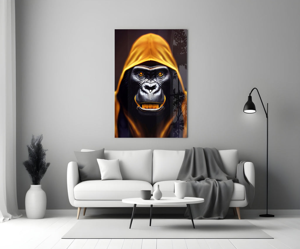 Glowing Amber Hood Gorilla Portrait Glass Wall Art