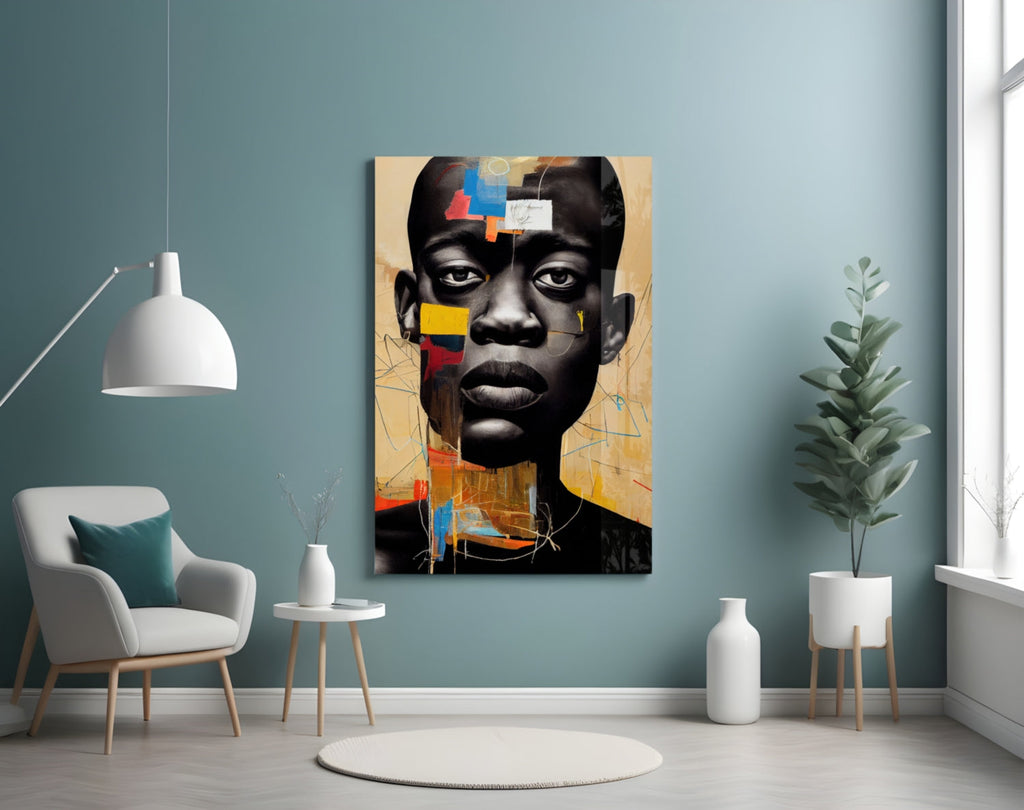 Golden Tan Sketch Collage Portrait Glass Wall Art