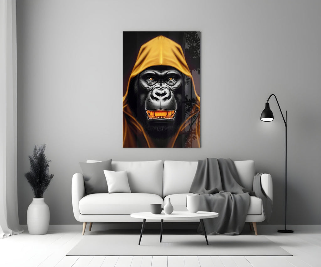 Yellow Hooded Gorilla Gold Grin Glass Wall Art