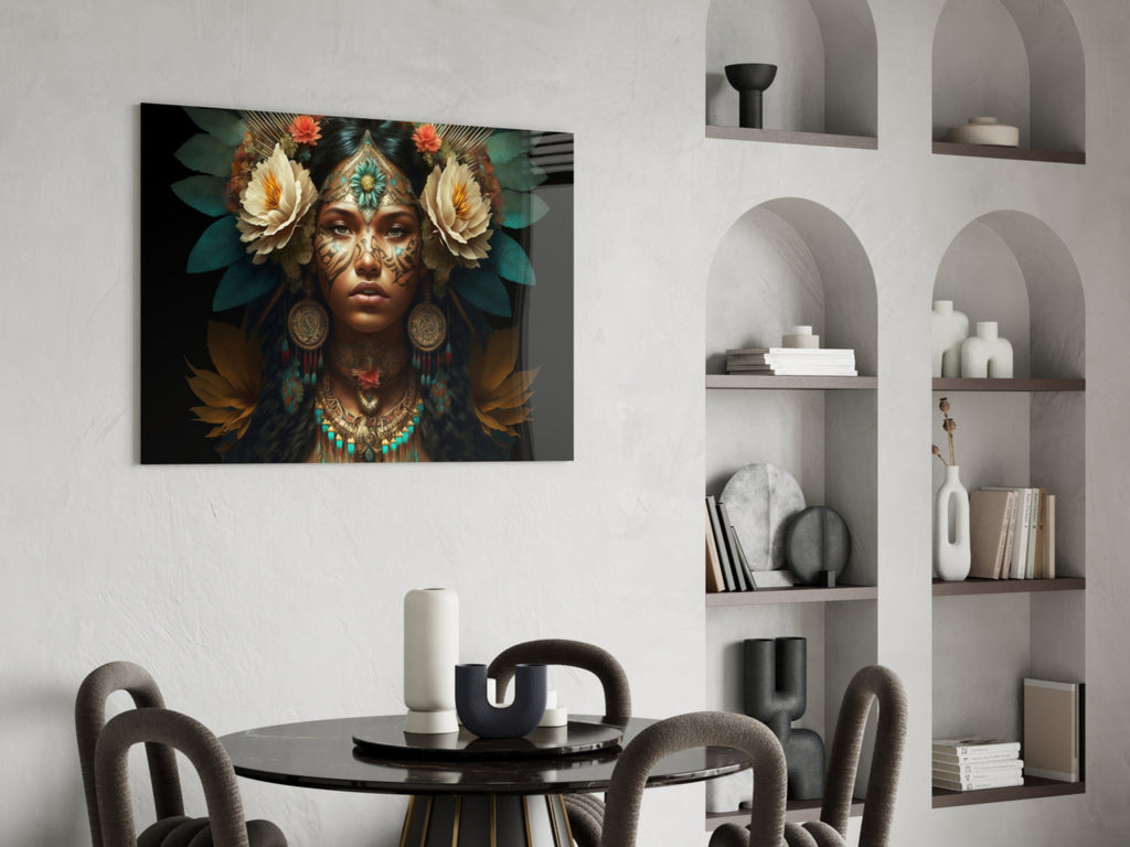 White Roses Gold Teal Headdress Woman Glass Wall Art