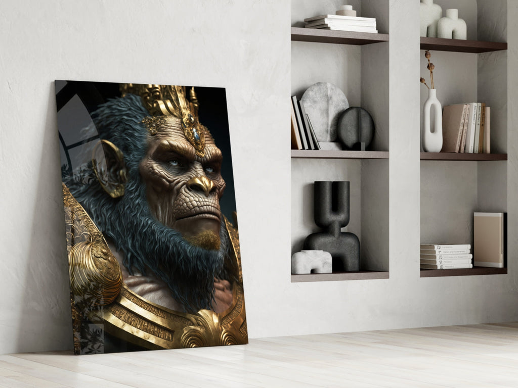 Blue Fur Gorilla in Gold Armor Glass Wall Art