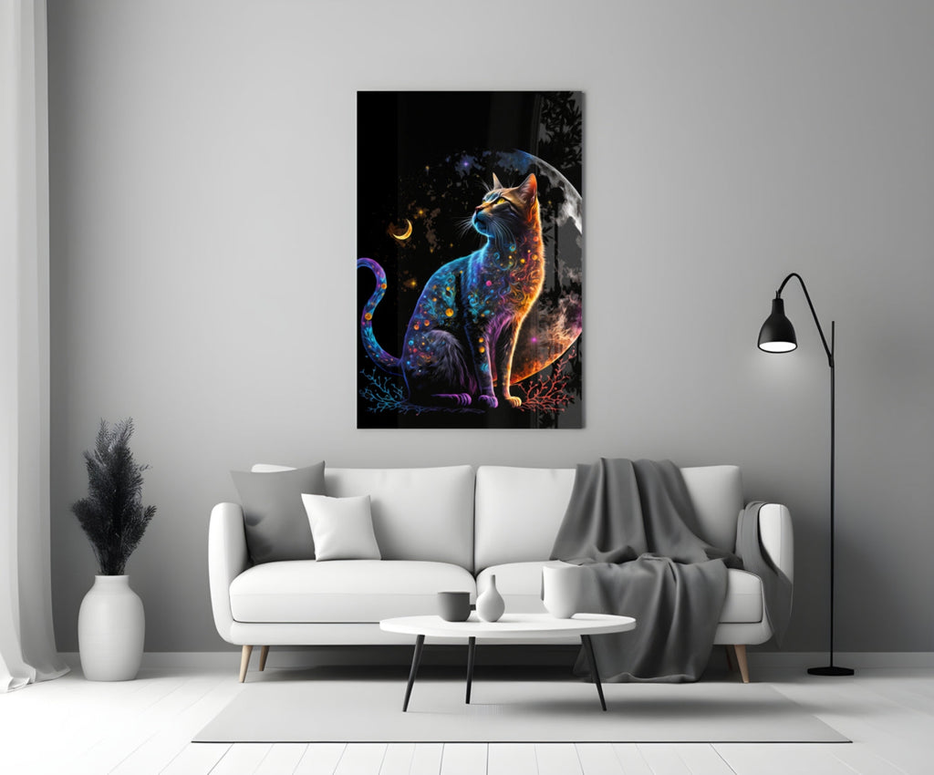Jeweled Cat Under Crescent and Full Moon Glass Wall Art