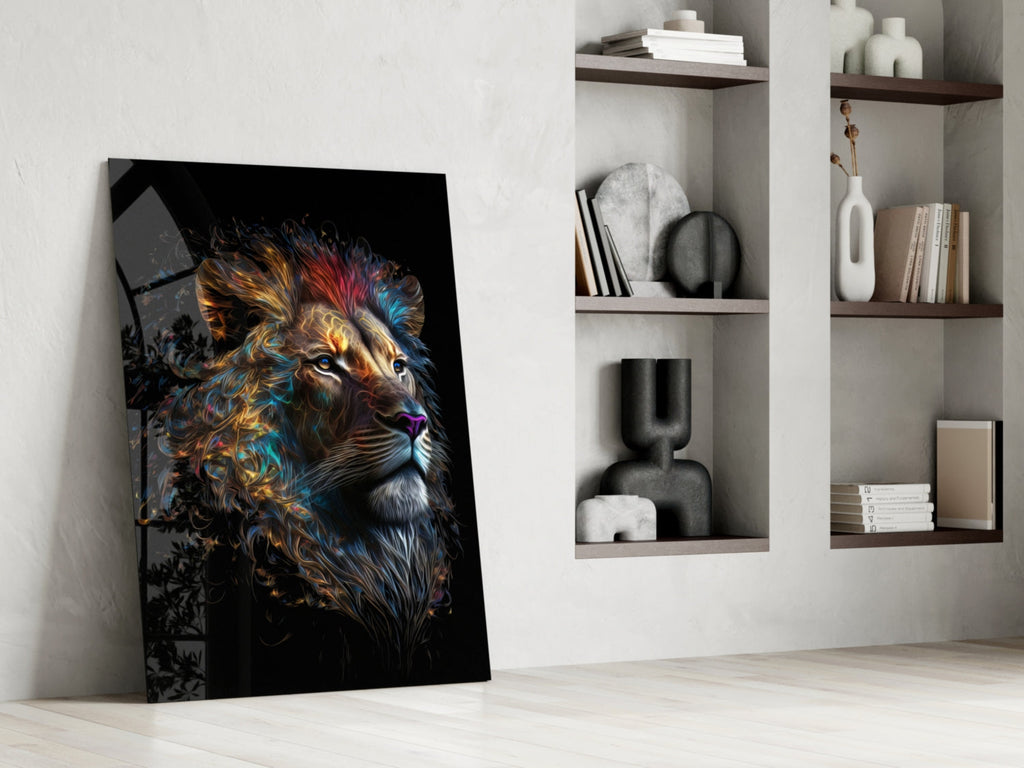 Copper Blue Swirling Mane Lion Glass Wall Art