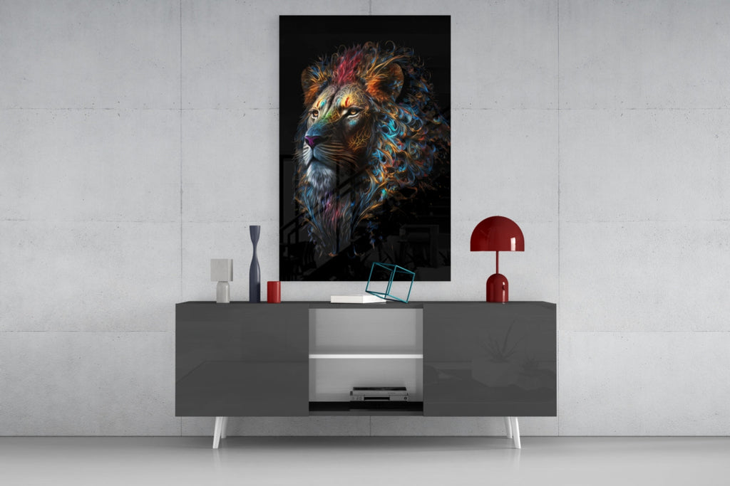 Jewel Tone Curly Mane Lion Portrait Glass Wall Art