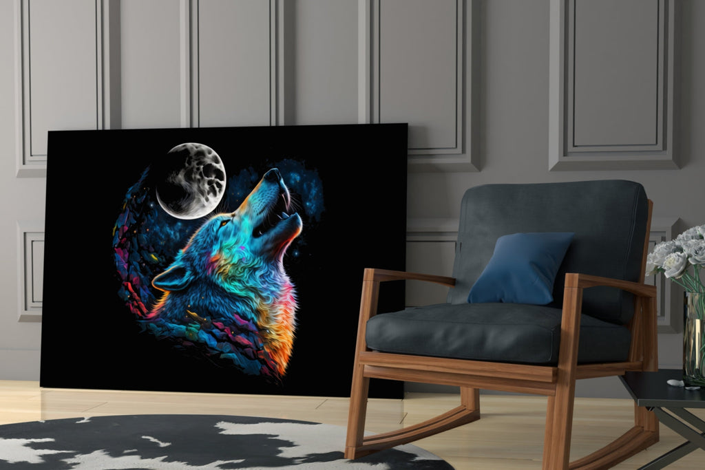 Rainbow Howling Wolf Head And Moon Glass Wall Art