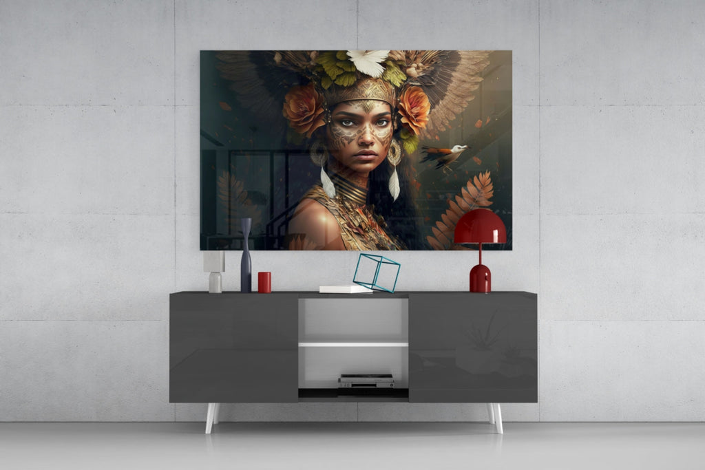 Leaf Crown Tribal Woman with Bird Glass Wall Art