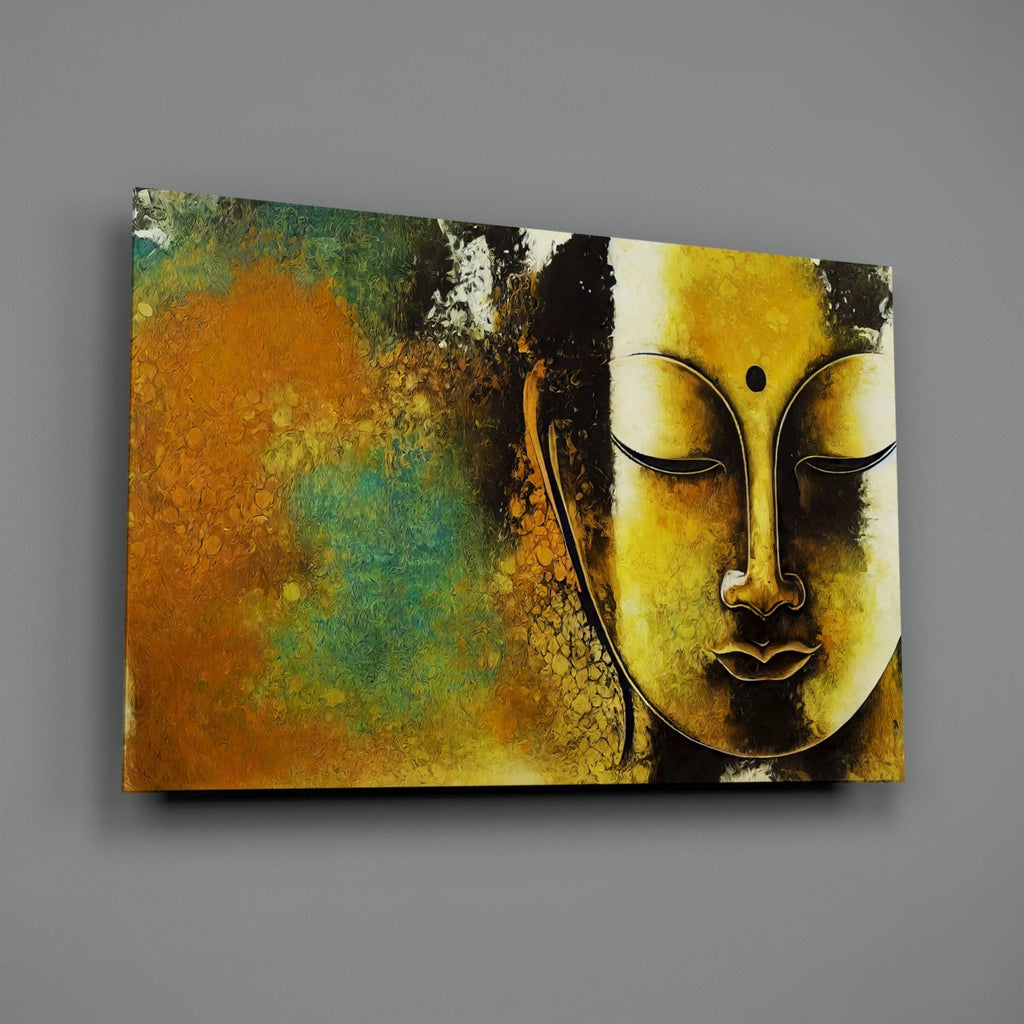 Golden Yellow Serene Buddha Face Glass Wall Art