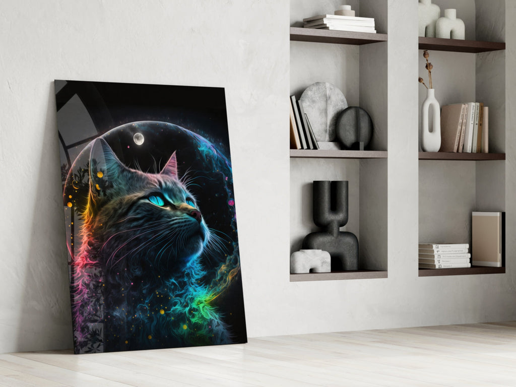 Rainbow Neon Fur Cat Moon Portrait Glass Wall Art