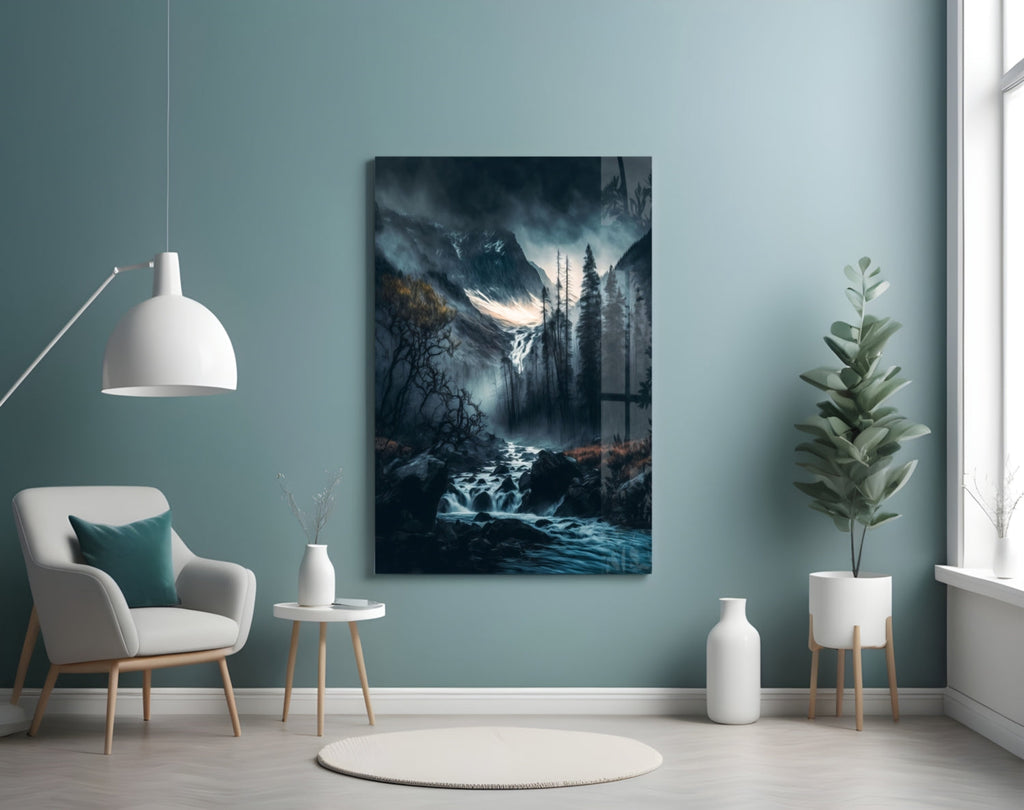 Dusk Gorge Misty Pines Rapids Glass Wall Art