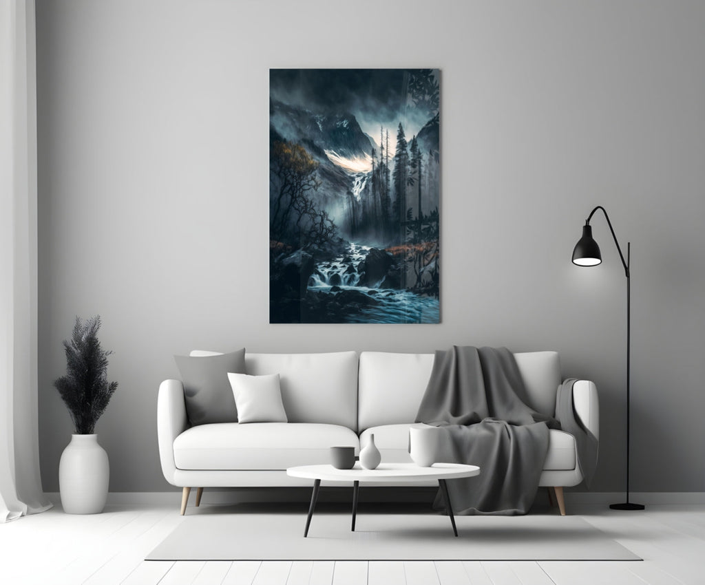 Dusk Gorge Misty Pines Rapids Glass Wall Art
