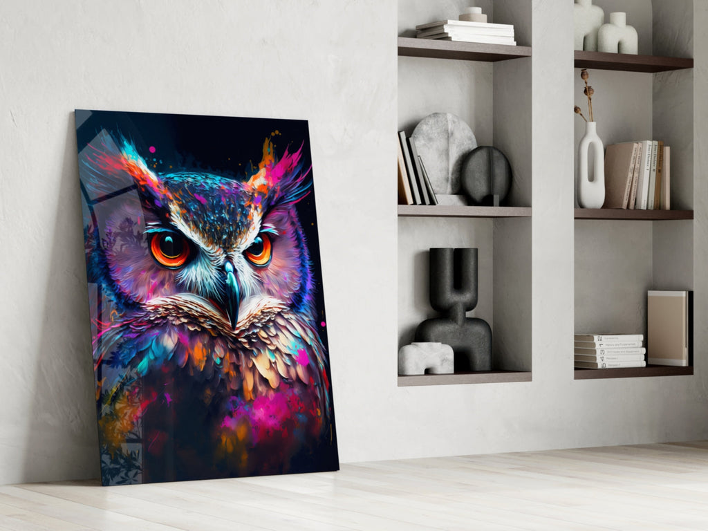 Neon Purple Feathered Owl Face Glass Wall Art