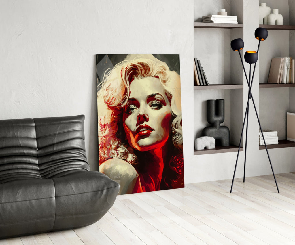 Red Glow Blonde Diva Glass Wall Art