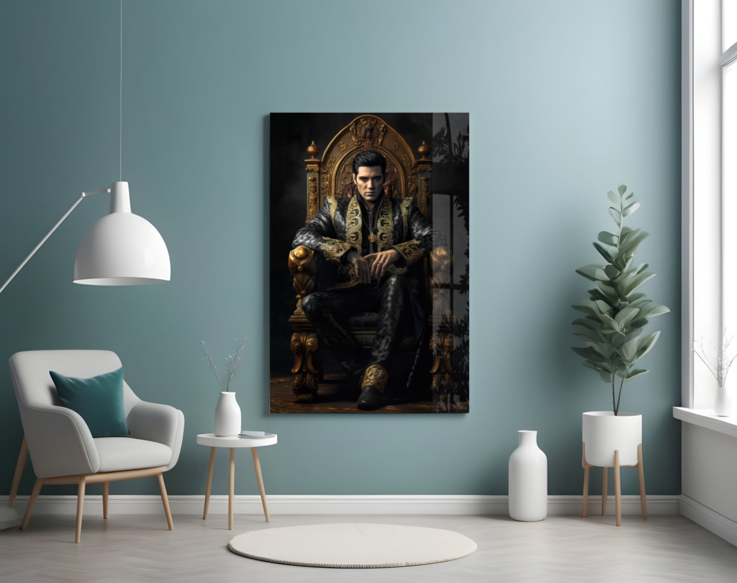 Black Gold Robe King on Throne Glass Wall Art
